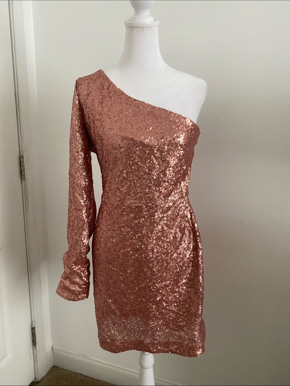 Rose Gold Sequin One-Shoulder Party Mini-dress VICI X Gina M